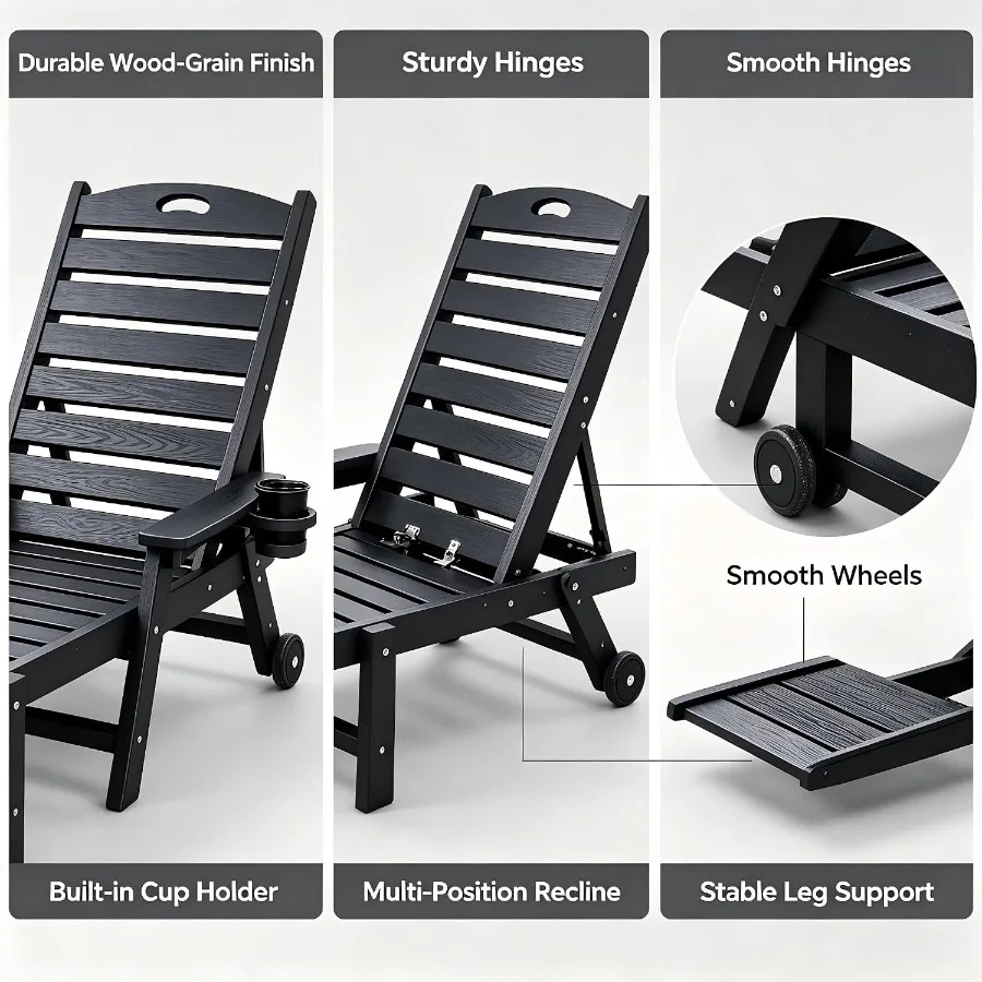Black Outdoor HDPE Chaise Lounge Chair, 4-Position Adjustable Reclining Pool Sun Lounger, 360 LBS Heavy Duty Weatherproof Loung