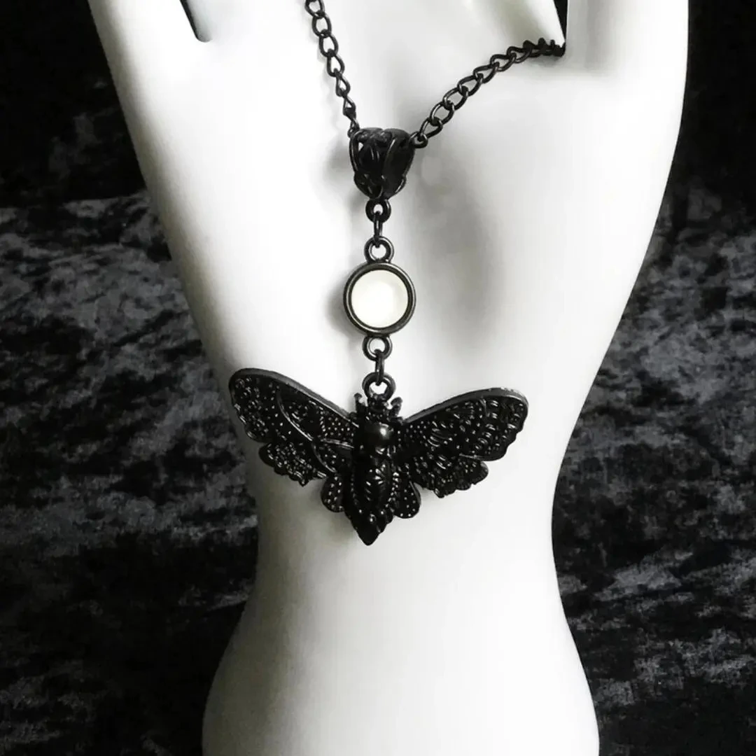 Black Death\'s Head Hawk Moth Necklace, Open Wings, Gothic Jewelry, Creepy Cute, Insect Jewelry, Halloween, Full Moon, Gift