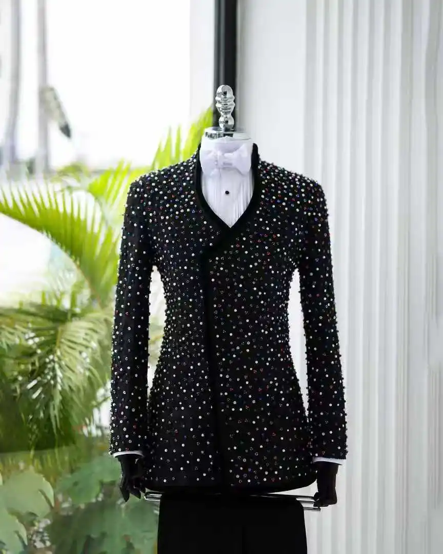 

Luxury Crystals Men Suit Set 2 Piece Blazer+Pant Trousers Black Customized Formal Office Jacket Groom Wedding Tuxedos Prom Coat