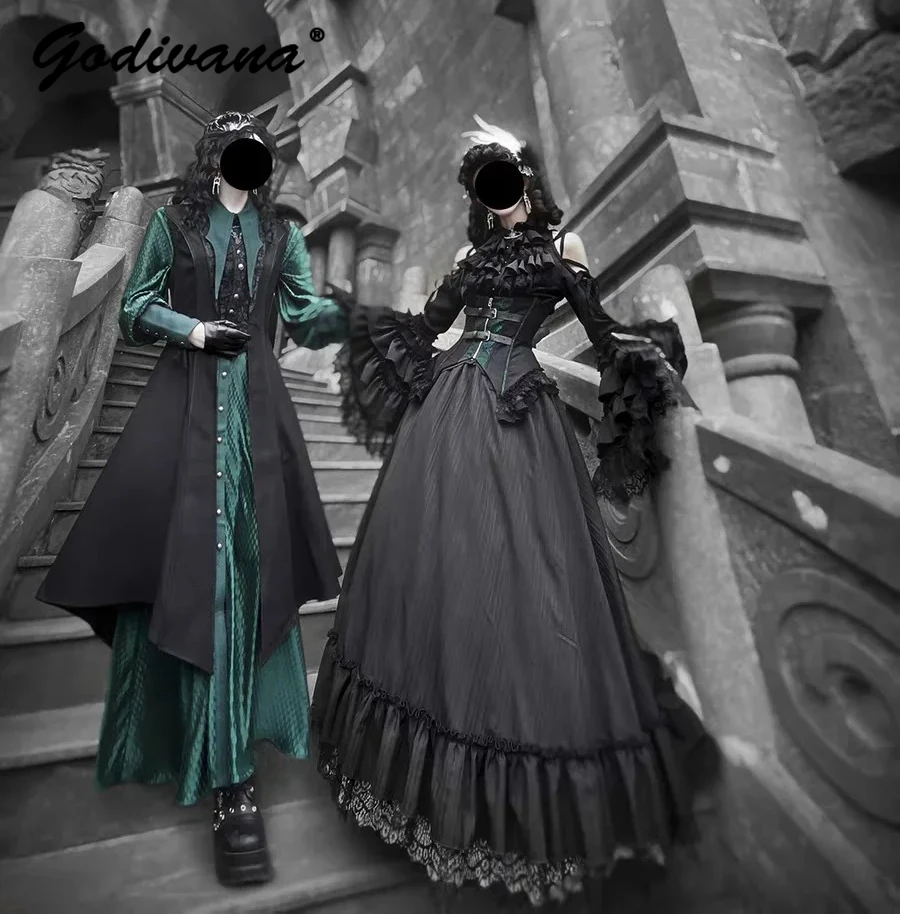 

Goth Halloween Lolita Prince Clothes Set Cos Women's Sweet Cool Long Shirt Dress Slim Black Long Vest 2 Pieces Set Outfits
