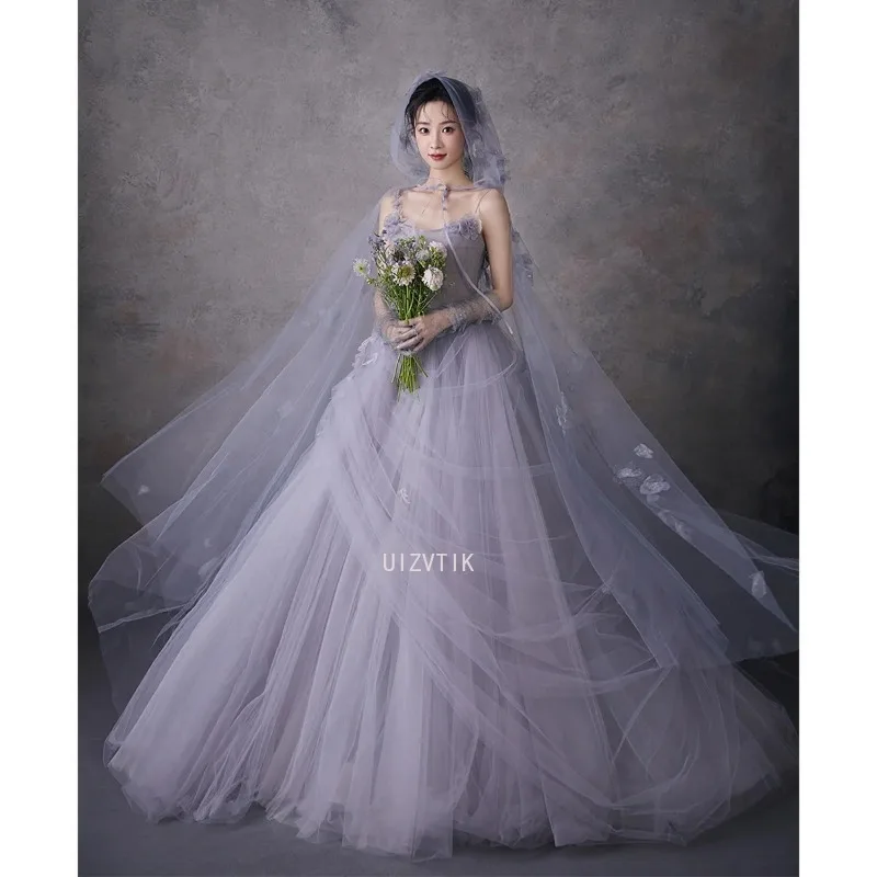 Puple Einfache Korea Lange Brautkleider Frauen Sexy Spaghetti-trägern Applique Fotos Schießen Brautkleid Elegantes A-Linie Prom Kleid