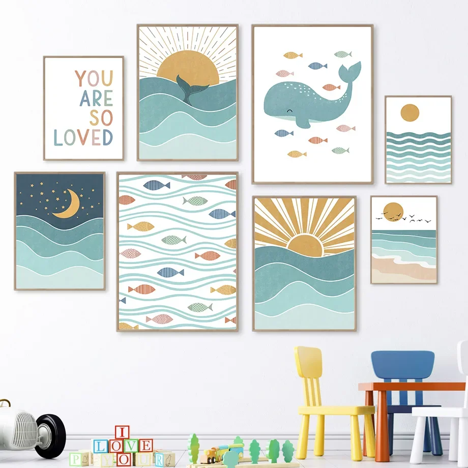 Fish Whale Seagull Sunrise Sunset Beach Ocean Quotes Wall Art Canvas Painting Posters And Prints Wall Pictures Kids Room Decor