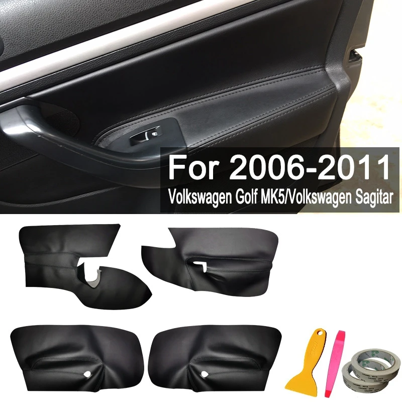 4Pcs/Set Black LHD 4 Doors Armrest Panel Leather Cover Inner Trim for MK5 2005-2010 with Tools