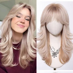 Light Pink Blonde Synthetic Wigs with Bangs Natural Wavy Middle Length Hair for White Women Daily Body Wave Wig Heat Resistant