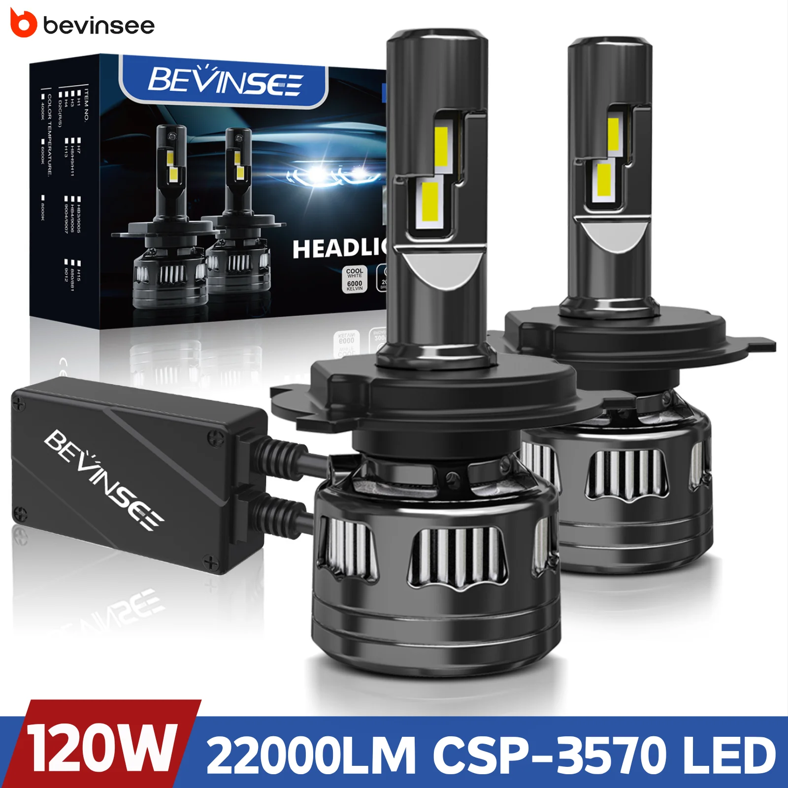 BEVINSEE H4 LED-Scheinwerferlampe, Ampulle, LED, H7, H1, H11, HB3, 9005, HB4, 9006, Ultra-Puissant-Scheinwerfer, 22000 lm, 120 W, hohe Leistung, 6000 K, 12 V