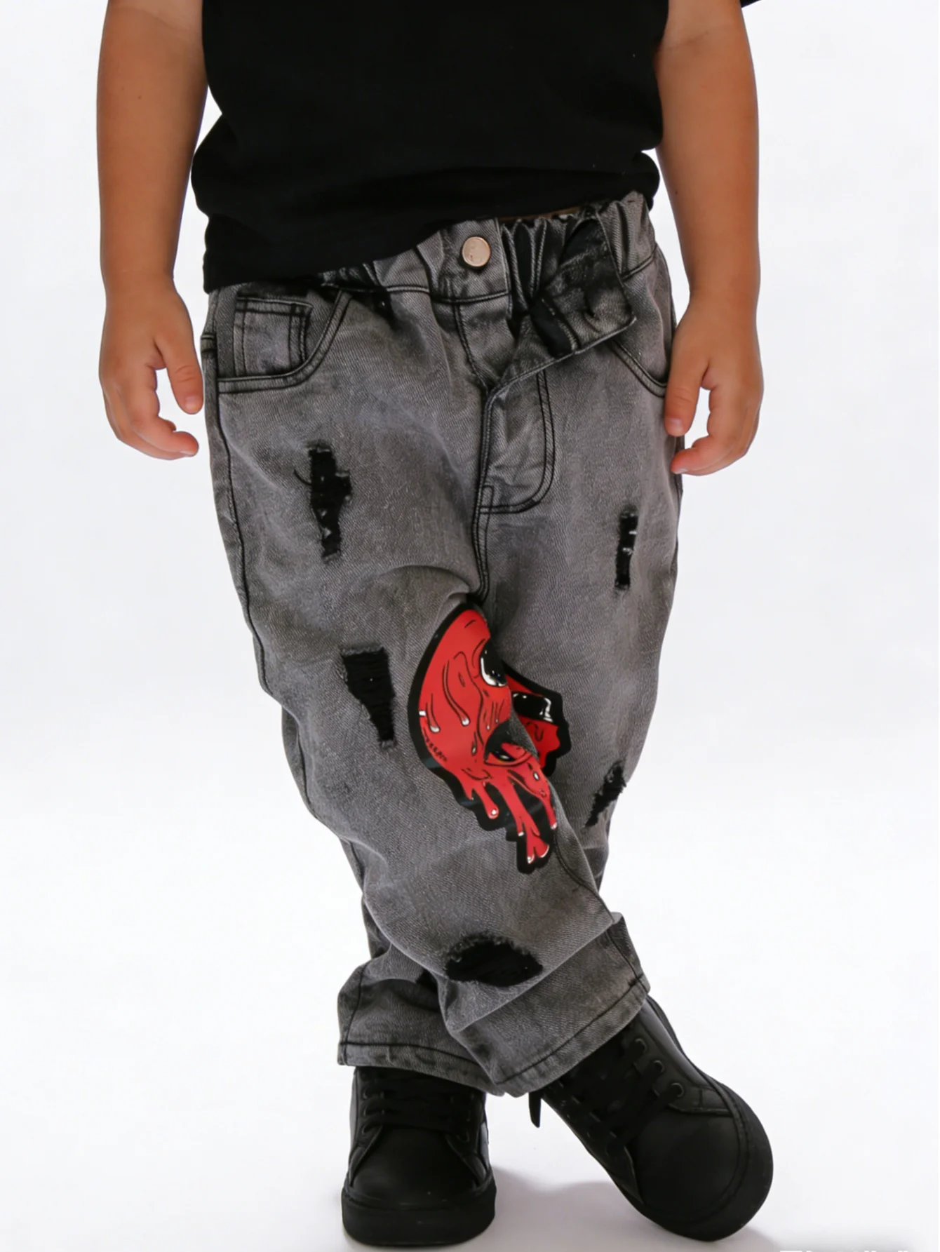 Toddler Boy Skull Drip Print Denim Jeans, Elastic Waist Acid Wash Distressed Jeans, Casual Streetwear Kids Trousers