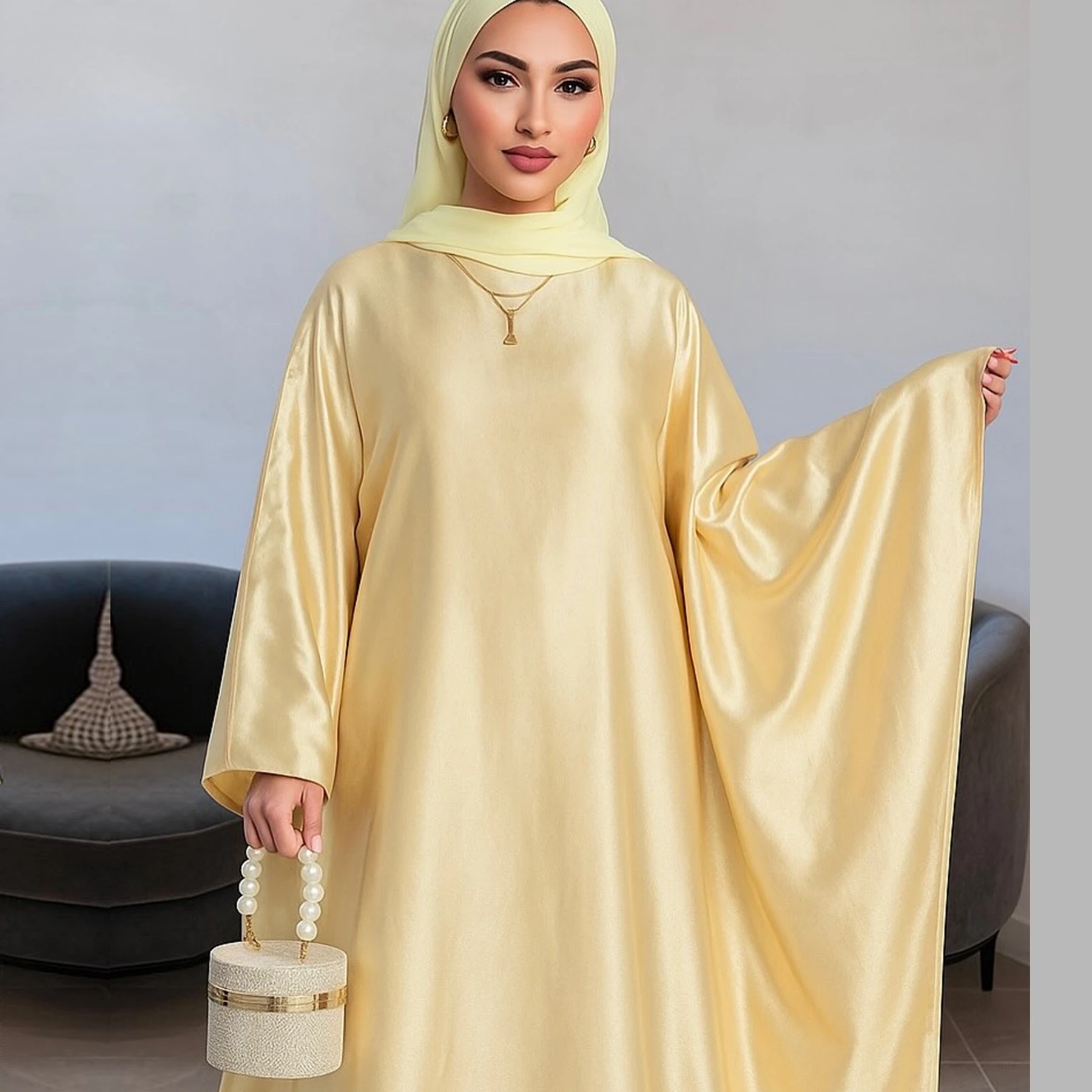 

Ид Летучая Мышь Сморшки Атласная Абая Дубай Роскошный 2025 Ислам Мусульманский Кафтан Платье Хиджаб Kebaya Абаяс для Женщин Vestidos Robe Ramadan