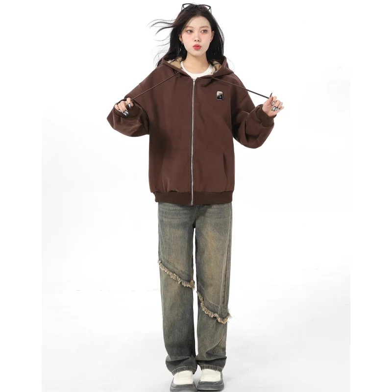 Imagem -06 - Jaqueta Folgada com Capuz para Mulheres Moda Coreana Streetwear com Bordado Mangas Compridas Marrons Tops de Pelúcia Roupas Y2k Nova Primavera 2024