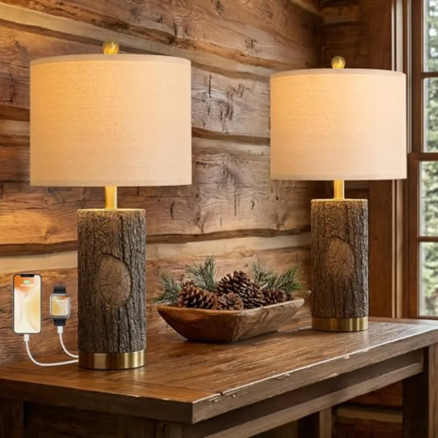 

25.5'' Rustic Farmhouse Table Lamps Bark Lamps with Gold Base Bedside Lamps Set of 2 with A+C Charging Ports Retro Nightstand L