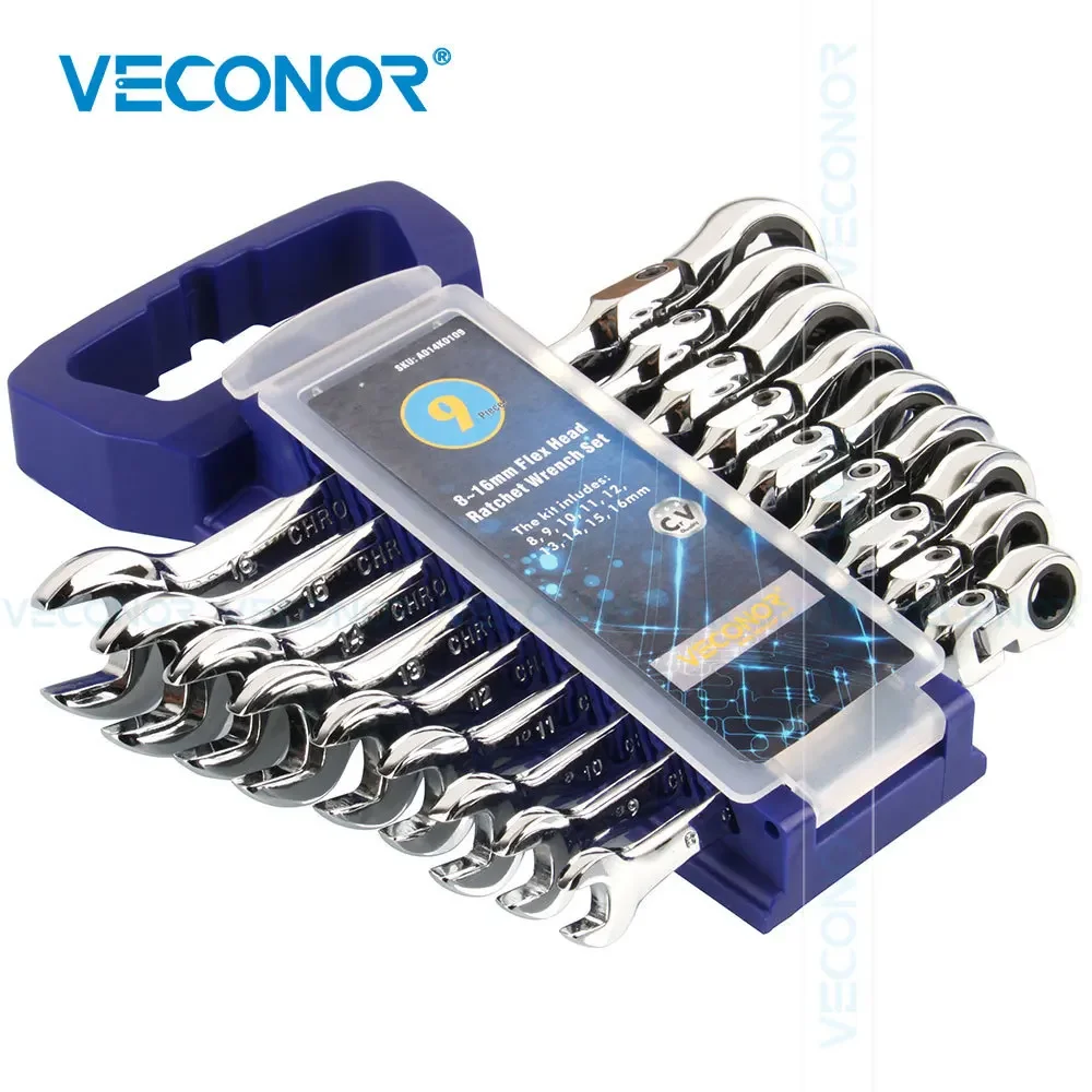 9Pcs 8-16mm Ratchet Spanner Wrench Set 72-Tooth Flexible Head Mirror Polished Tools for Car Repair