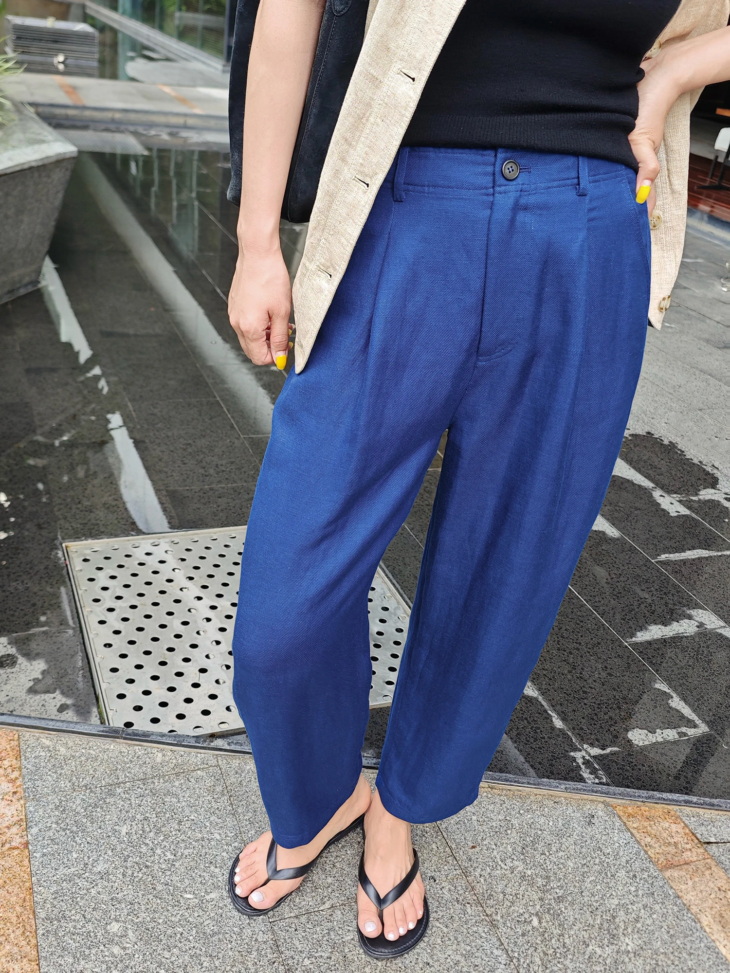 

Легкие летние брюки из шелково-льняной смеси цвета Klein Blue, зауженные, оригинальные, повседневные, прямого кроя, с карманами