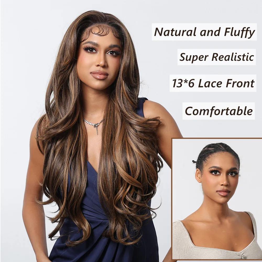 ALAN EATON 13*6 Synthetic Lace Wigs Dark Brown Highlight Wig for Women Natural Looking Lace Front Wig with Baby Hair Daily Party image 3