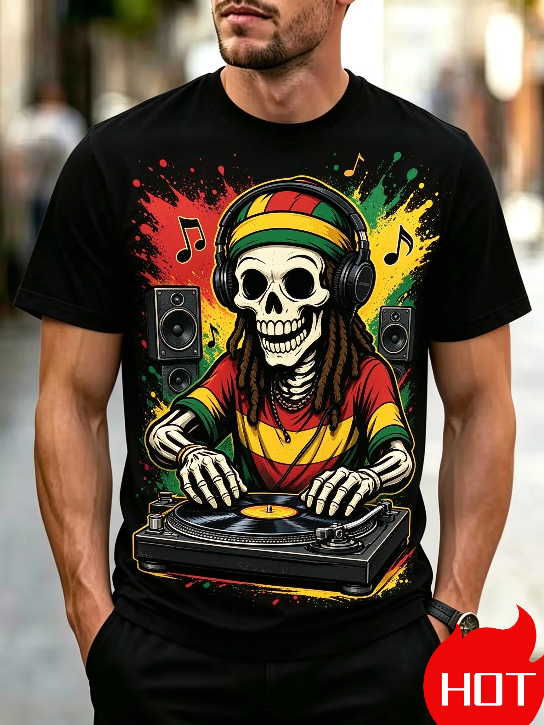 Vintage Reggae Music Style Dreadlocks Skull Graphic Print Men Short Sleeve T‑Shirt Hip‑Hop Street Casual Oversized Men's Clothes
