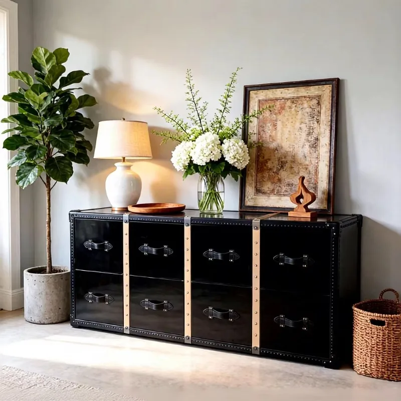 Living room cabinet, luggage type industrial metal stainless steel top solid wood frame leather entrance storage cabinet