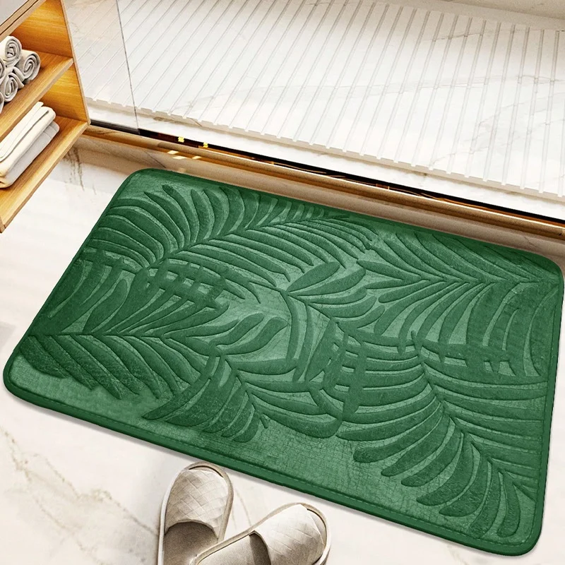 Newest Dark Green Embossed Palm Leaf Floor Mat Bath Mat Quick Water Absorb Non Slip Shower Floor Rug