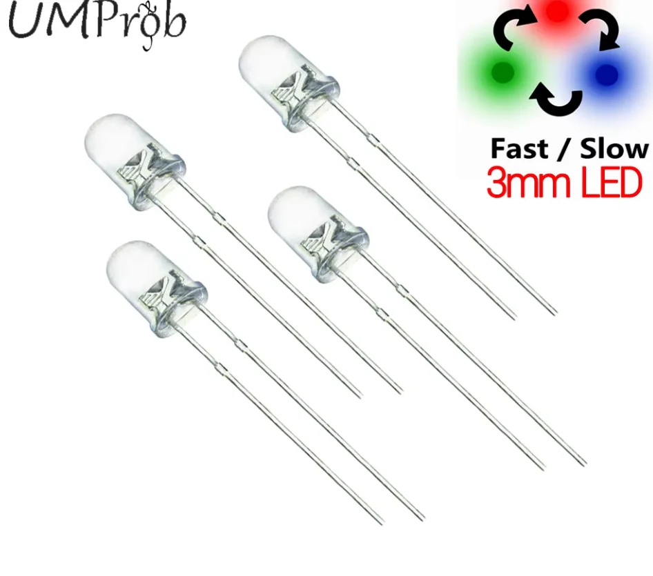 100Pcs/Lot 3mm LED Full Color Fast/Slow RGB Flash Red Green Blue Rainbow Multi Color Round Light Emitting Diode Diy Kit