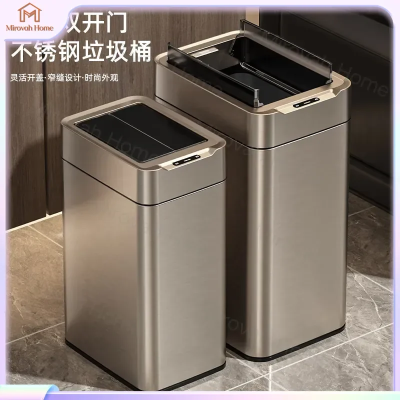 For Smart Sensor Trash Can Automatic Stainless Steel Waste Bin LED Light Waterproof Large Capacity Kitchen Bathroom Home
