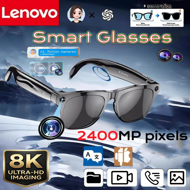 Lenovo 2400W 8K Upgrade Smart AI Glasses HD Shooting Camera Photo Video Voice Call Translation Bluetooth AI Motorcycle Glasses