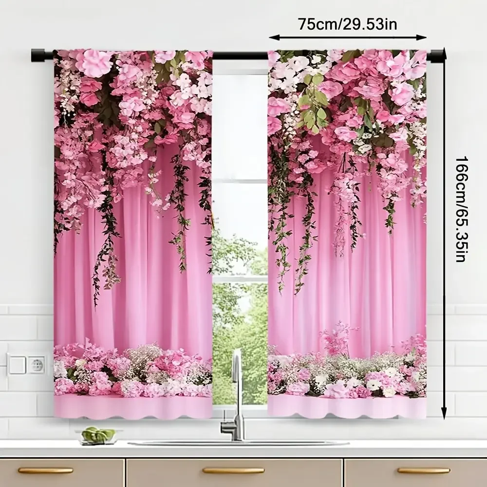 2pcs Red flowers printed curtains, pole bag curtains 30*65, bedroom and living room, room decoration, home decoration