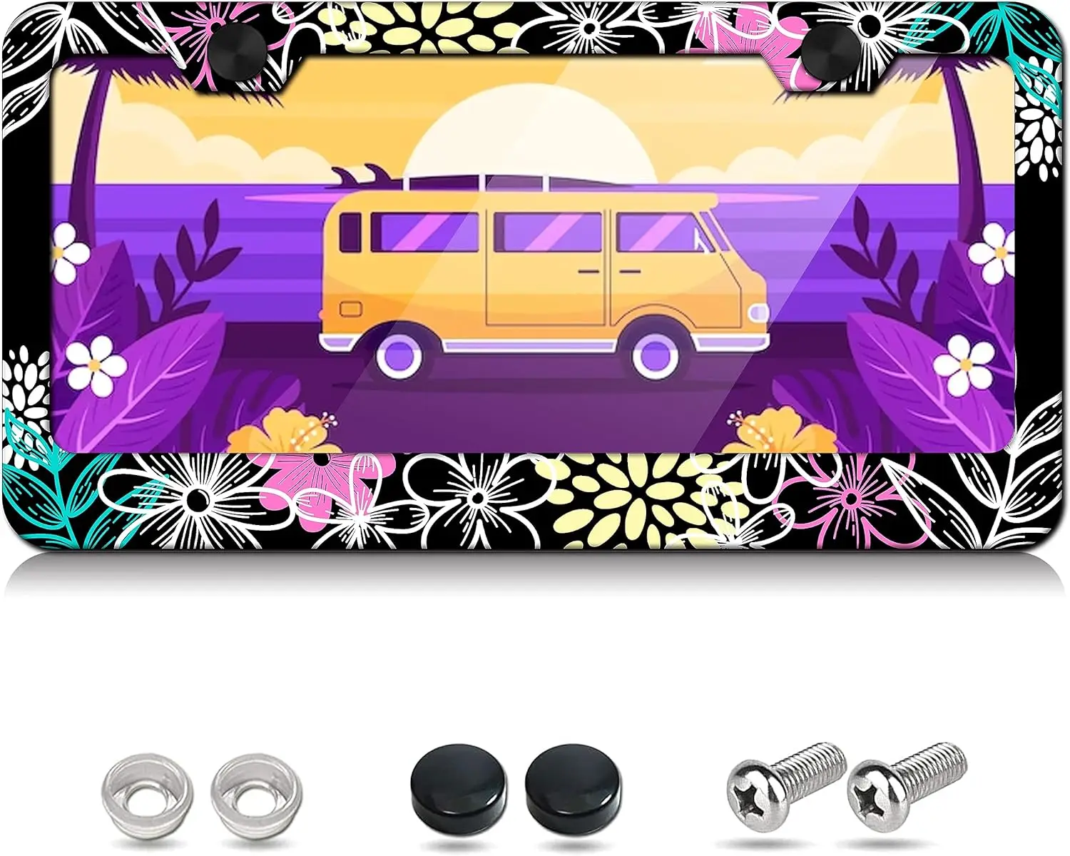 

Colorful Flowers License Plate Frames Cover Holders Stainless Steel Cute License Plate Cover with 2 Holes Free Screws for Girls