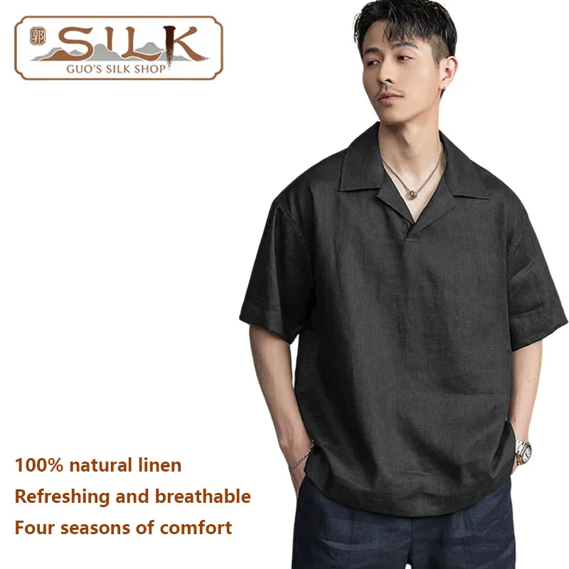 

High-end Natural Pure Linen Men's Polo Shirt - European-style Casual Shirt for Comfortable and Cool Wearing in Spring and Summer