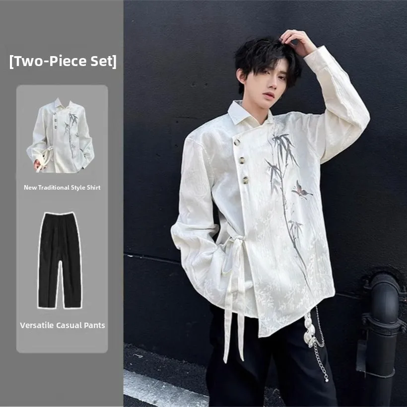 

New 2026 Chinese Style Long Sleeve Men's Shirt Bamboo Embroidery Cleanfit Shirt Standard Fit Daily Wear Polyester B...