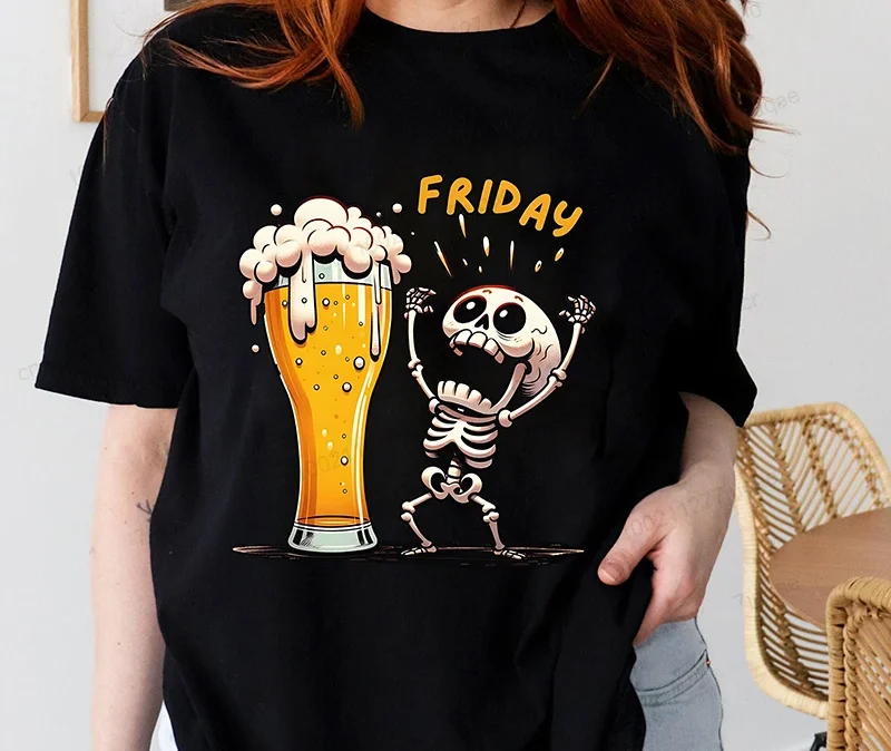 المرأة تي شيرت الاثنين إلى الجمعة شرب البيرة مضحك الرياضة موضة تي شيرت غير رسمي الهيكل العظمي الجمعة البيرة الجرافيك بلايز ملابس حريمي #3