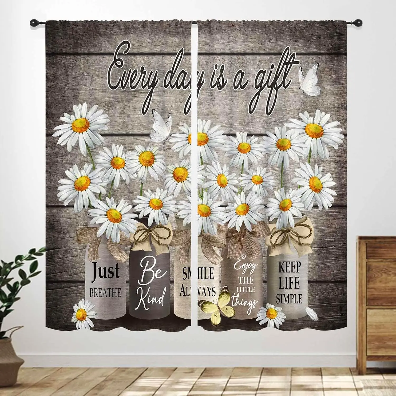 Vintage Daisy Curtains,Rustic Farmhouse Floral Retro Brown Wooden Board Spring Wildflower Farm Window Treatment Bedroom Living