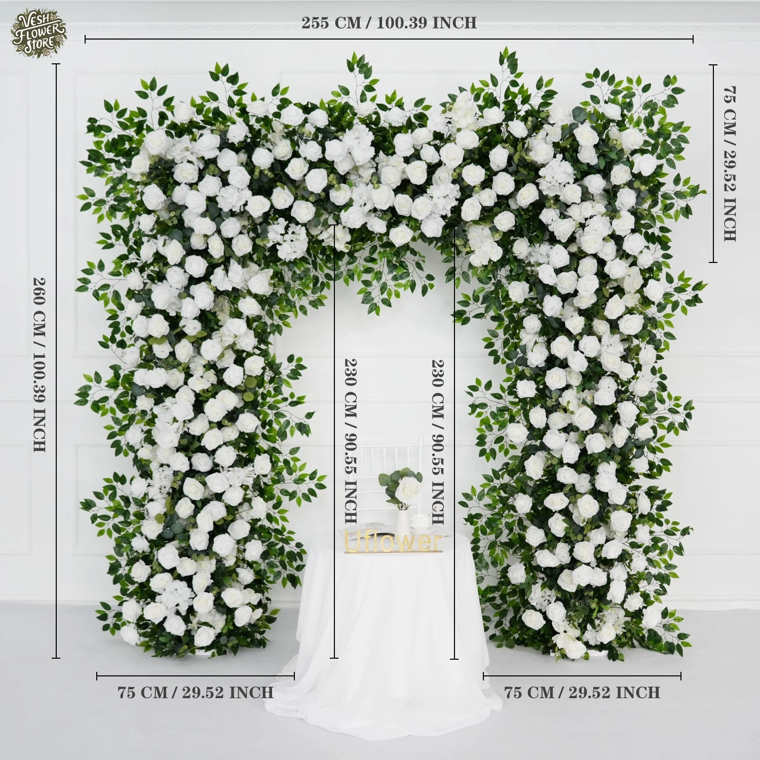 Uflower Artificial White Rose Hydrangea Willow Leaf Flower Row Outdoor Wedding Curb Party Banquet Hotel Event Background Decor