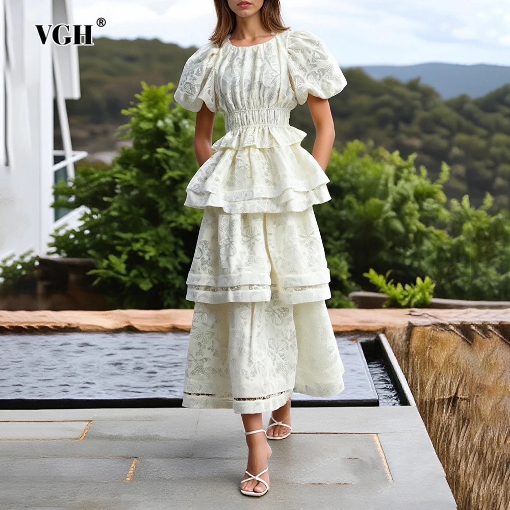 

VGH Temperament Two Piece Set for Women O Neck Puff Sleeve Patchwork Folds Top Slim Tiered Skirt Fashion Suit Female New Style