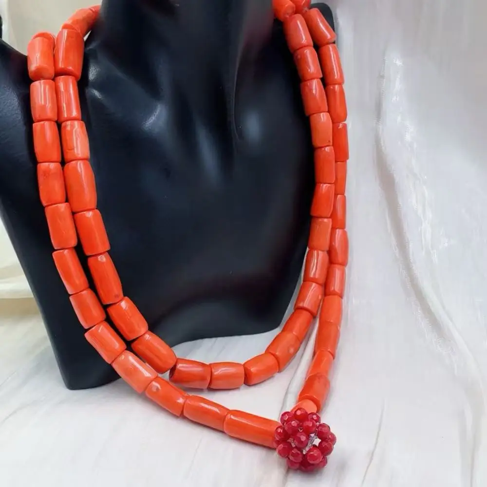 Free Ship 90CM 100CM 12-14mm Vintage Big Drum Natural Sea Bamboo Long Sweater Africa Style Orange Coral Necklace
