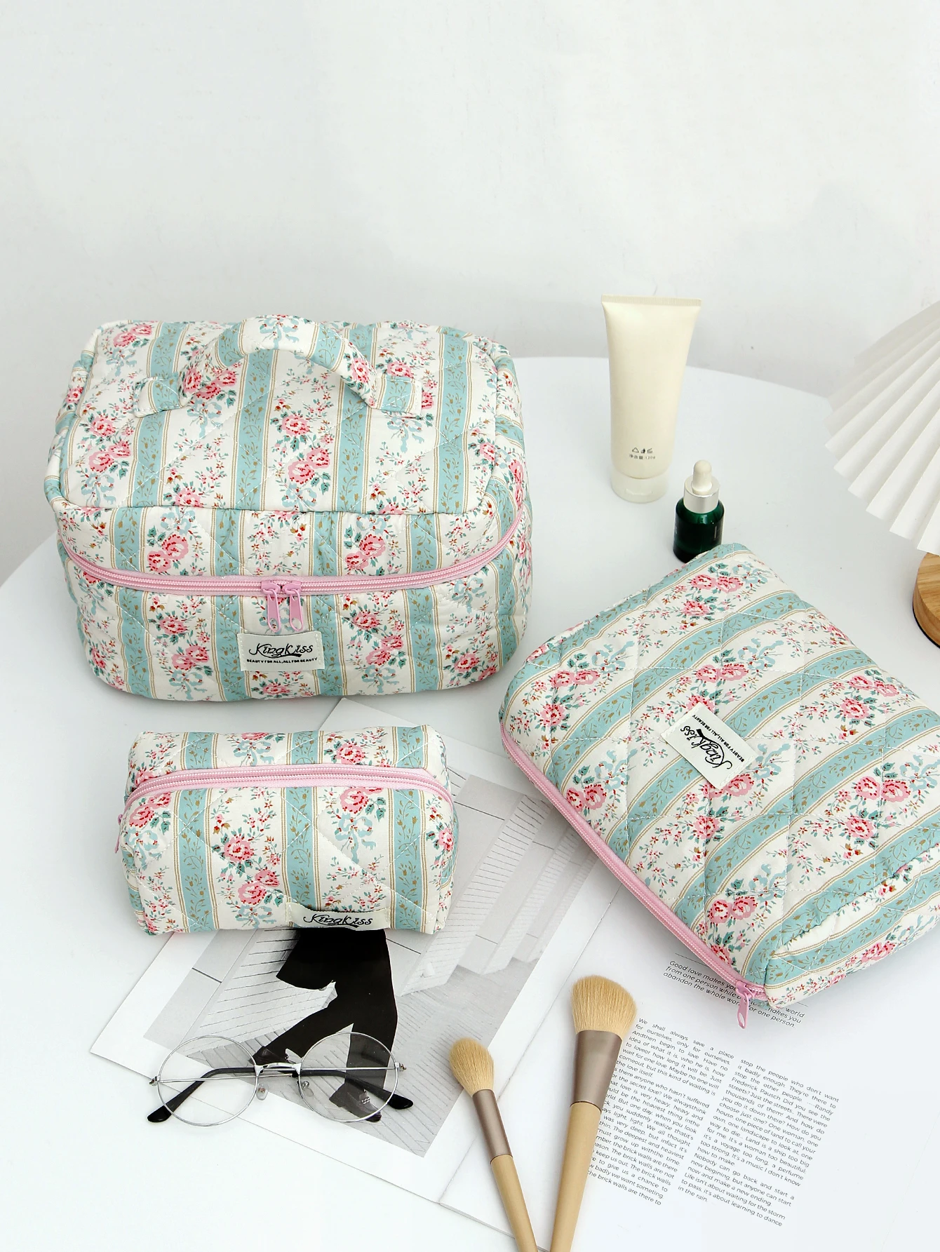 1 stk/set roze bloem groen streeppatroon multifunctionele cosmetische opbergtas organizer met ritssluiting voor thuisreizen en school