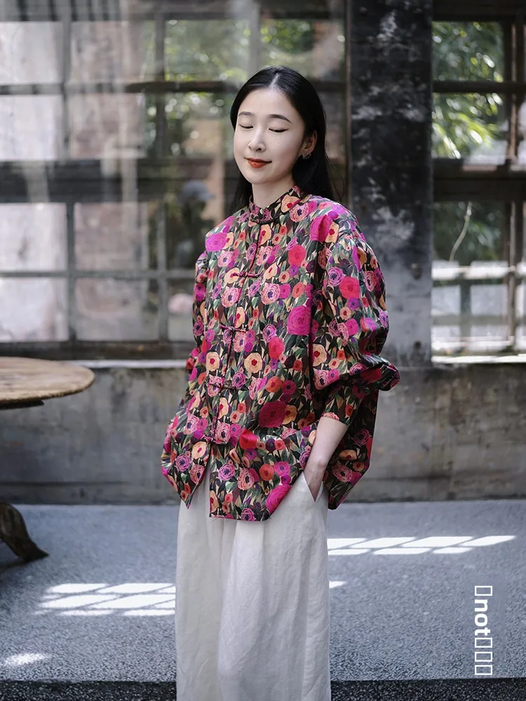 

Женская футболка Mona Garden Original Design Vintage Bubble Sleeve из чистого хлопка с принтом, дышащая, приятная для кожи