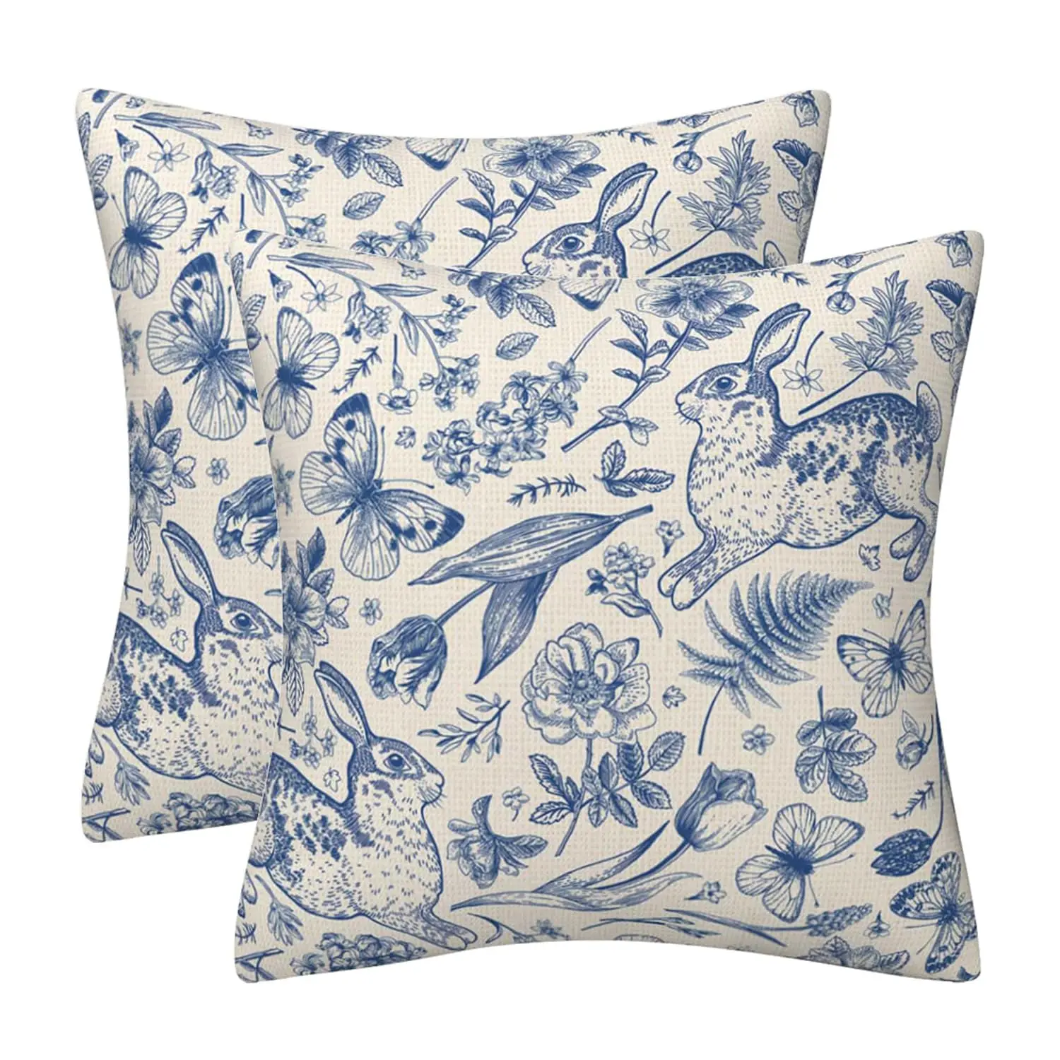 Paquete de 2 fundas de almohada florales con diseño de conejo azul y blanco, fundas de cojín con estampado de doble cara Toile de Jouy, decoración del hogar para sofá