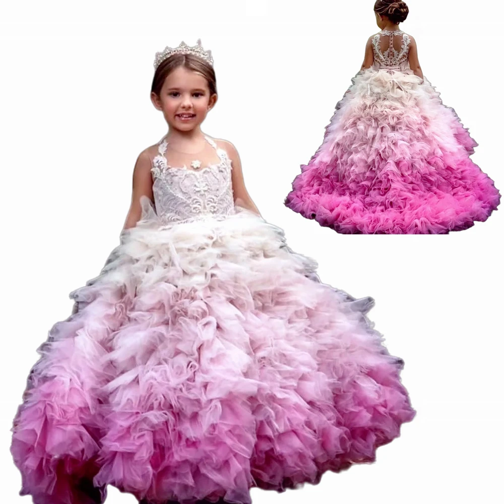 

Ombre Pink Flower Girl Dress Wedding Dresses Extra Puffy Tiered Ruffles Kids Birthday Evening Gowns Appliques Floor Length Girl