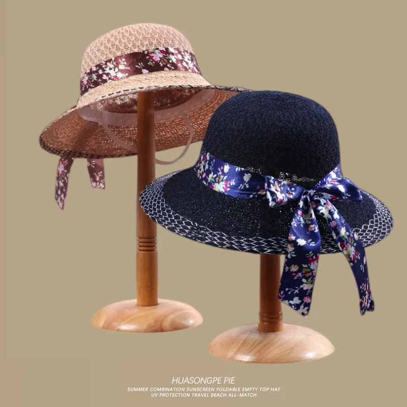 

Floral Bowknot Ribbon Women Sun Hats Vintage Elegant Straw Hats Summer Travel Sun Protection Wide Brims Hats Apparel Accessories