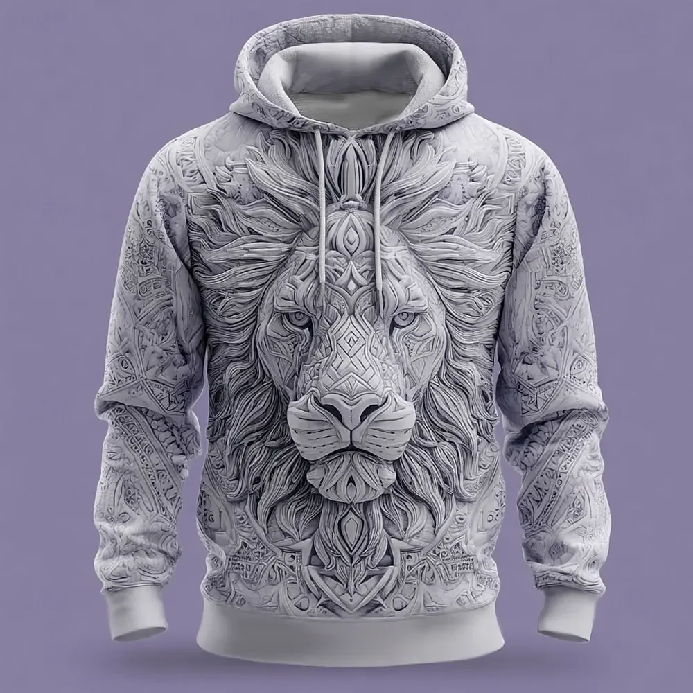 Men Hoodie Polyester Fiber 3D Print Embossed Lion Head Totem Pattern Long Sleeve Drawstring Pullover For Daily Streetwear
