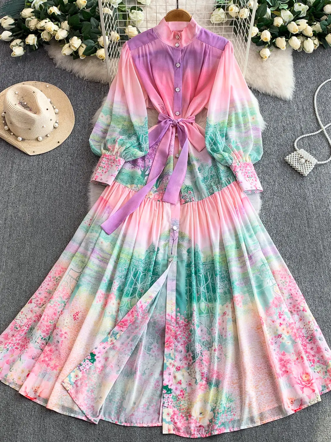 Spring Autumn Stylish Unique Gorgeous Gradient Print Lantern Sleeve Dress Women Single Breast Waist Fitted Elegant Dress Woman