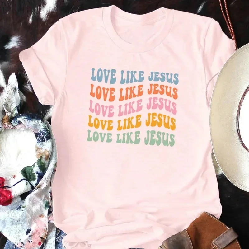 Love Like Jesus Faith T-Shirts for Women Short Sleeve Religious Bible Verse T Shirt Retro Groovy Graphic Tees Christian Apparel