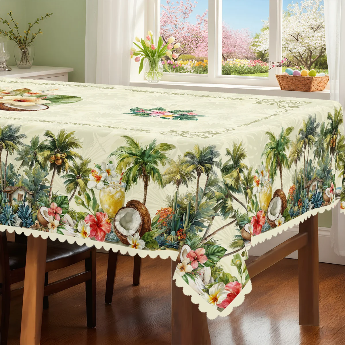 Summer Tropical Leaf Floral Print Tablecloth for Table Decor Hawaiian Palm Leaves Coconut Tree Plants Table Cloth Party Decor