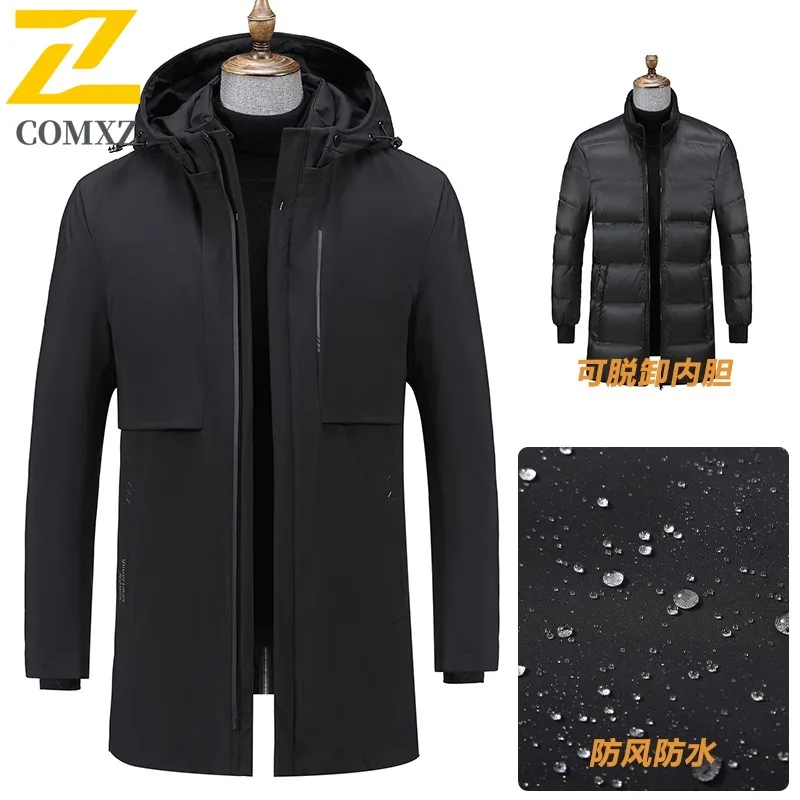 COMXZ Men Down Jacket Trendy Hooded Business Casual Lightweight Parka Comfortable Daily Style Cold Protection Winter Coat