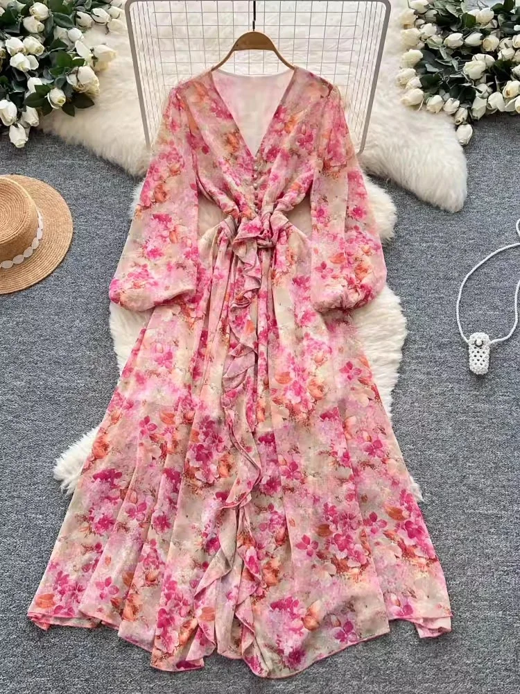 Vintage fleur automne robes femmes tempérament à volants Robe Femme 2025 robes De Mujer tunique a-ligne lanterne manches Maxi Robe