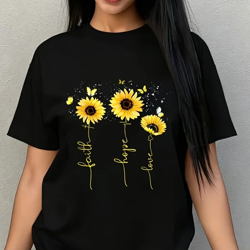 Christian for Women Sunflower Faith Hope Love Women's Plus Size T-Shirt 100% Cotton 220g