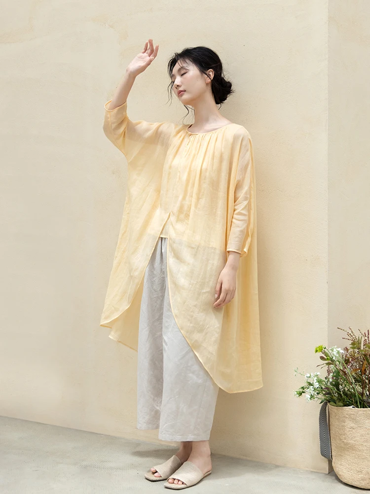 

New Le Collection 00% льняной желтый, белый летний тонкий двухслойный китайский длинный топ, женский свободный крой, круглый Ne irt