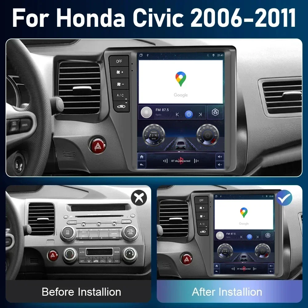 9.7 Inch Car Android 14 For Honda Civic 2006-2011 Auto Radio Multimedia player GPS Navigation Carplay Android Auto NO 2din DVD