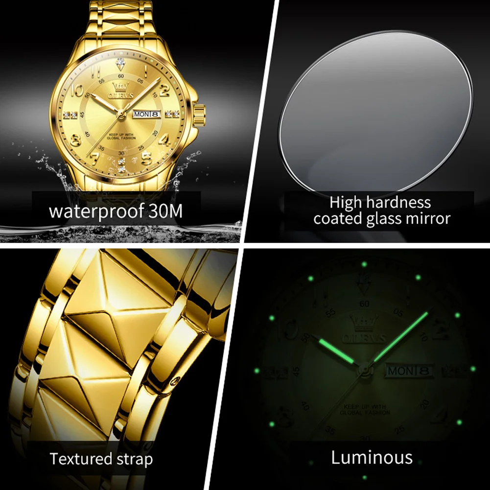 OLEVS-Reloj de pulsera para hombre, cronógrafo de cuarzo con correa de acero inoxidable dorado, resistente al agua, luminoso, Original, de marca de lujo