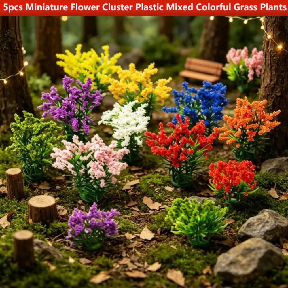 5pcs Plastic Miniature Flower Cluster Mixed Colorful Greenery Building Layout Miniature Landscape Simulation Flowers Grass
