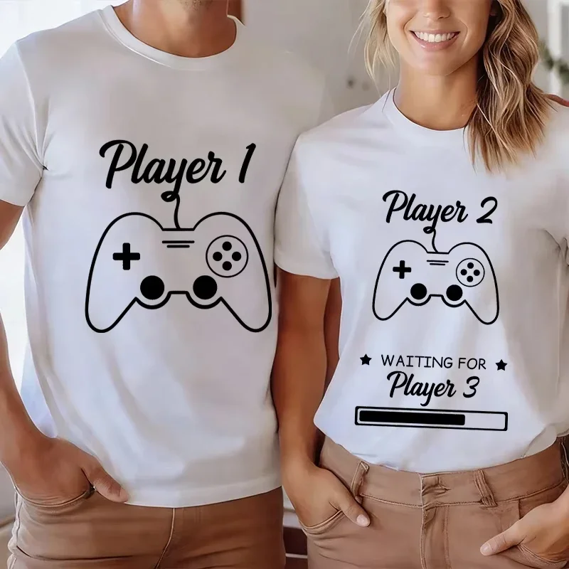 Funny Game Player 1 Player 2 Pregnancy Announcement T-Shirt Short Sleeve Casual Couple Matching Men Women Shirts Gift Idea