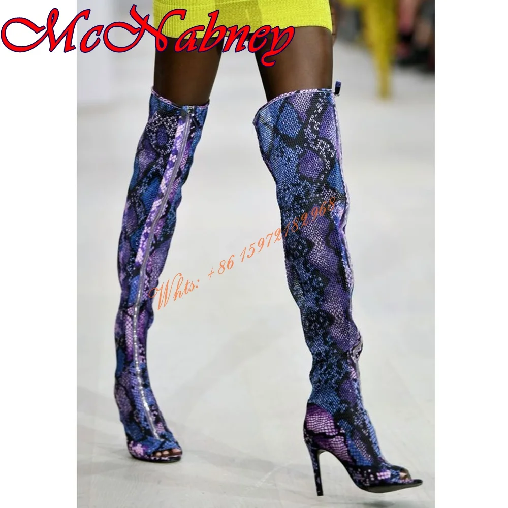 

Snake Printed Purple Boots Peep Toe Stiletto Heels Women Shoes Over the Knee Zipper Sexy Runway Boots Spring Autumn Banquet New