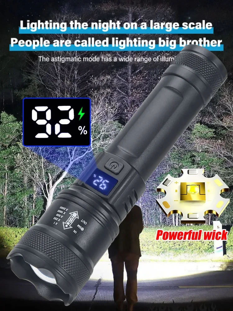 Hohe starke Leistung LED-Taschenlampen 2000lm taktische Taschenlampe mit Display-Licht USB-Aufladung Camping Angeln Notfall Zoom Laterne